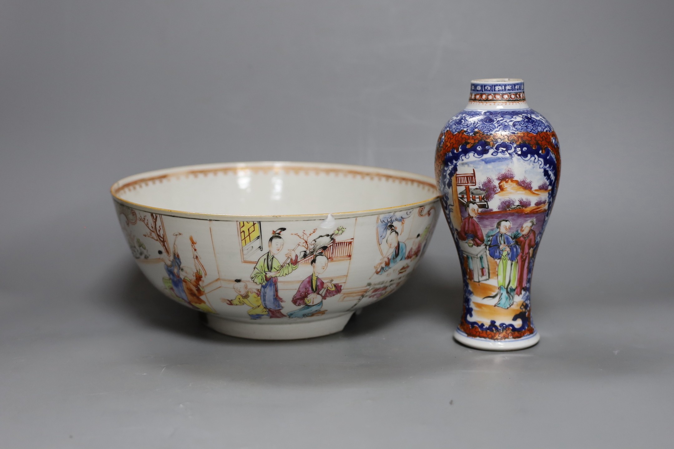 An 18th century Chinese export famille rose bowl and a similar mandarin pattern vase, bowl 26cm diameter